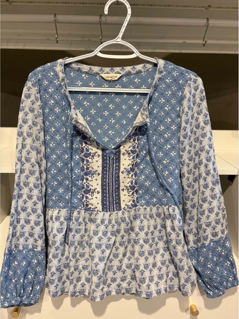Lucky Brand Blue Floral Print Flowy Boho Blouse Size Medium